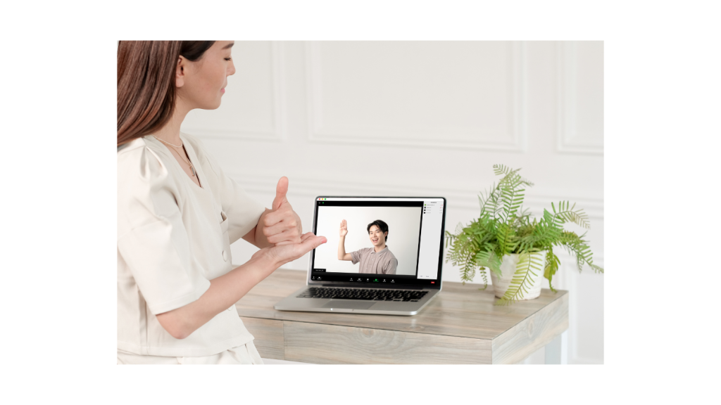 Check that the interpreter’s signing area stays fully visible even when moving arms naturally