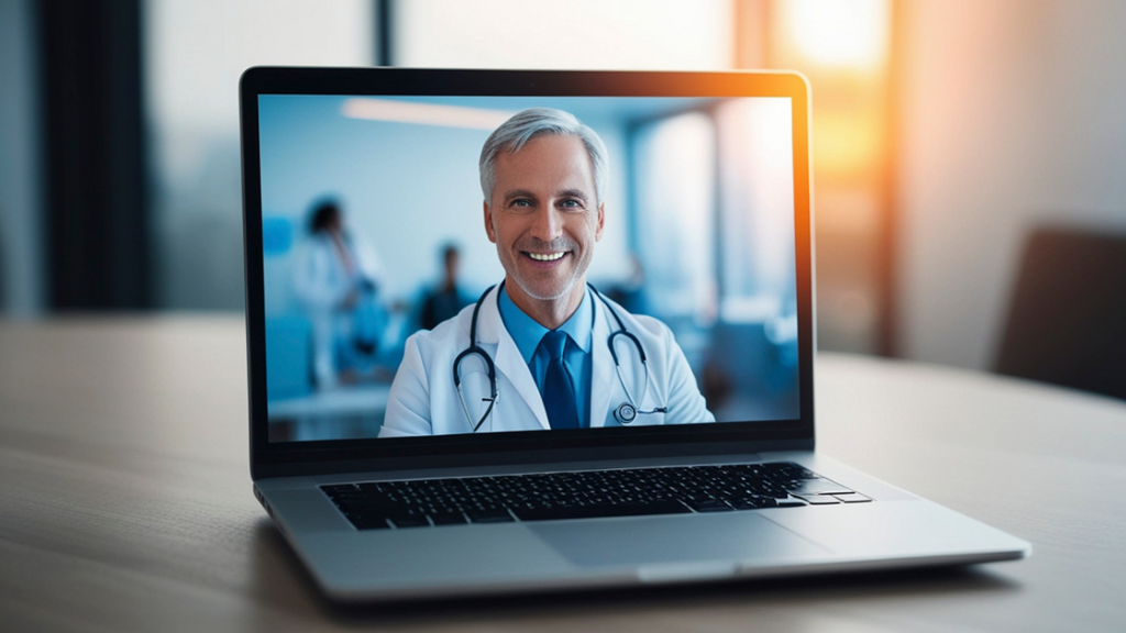 Doctor appearing on a laptop during an internal hospital meeting, illustrating communication supported by video remote interpreting (VRI).